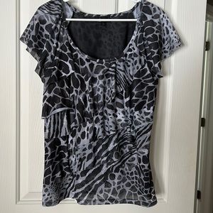 AB Studio Gray and Black Ruffled Printed Shirt